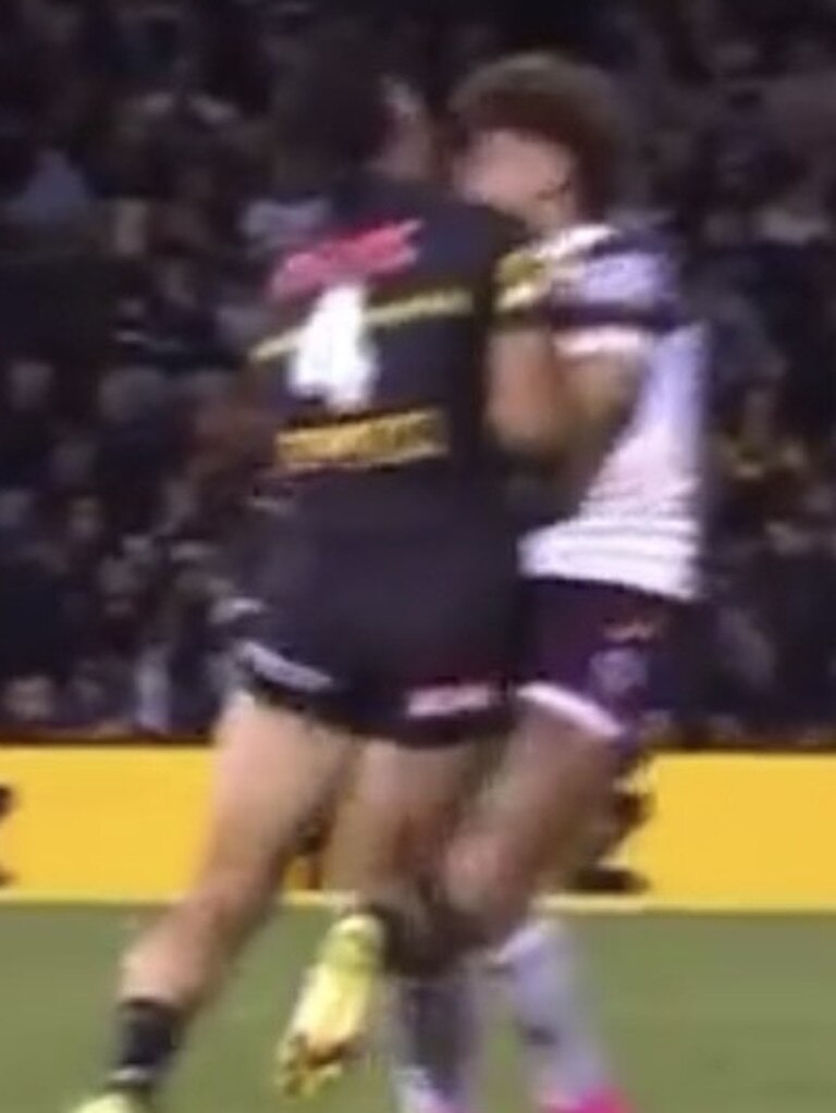 Taylan May had two feet off the ground when he collided with Reece Walsh. Credit: Supplied.