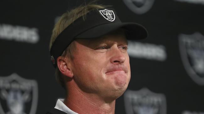 Oakland Raiders head coach Jon Gruden speaks at a news conference after an NFL football game against the Los Angeles Chargers in Oakland, Calif., Sunday, Nov. 11, 2018. (AP Photo/Ben Margot)