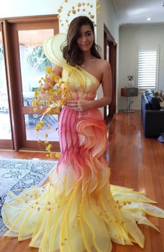 Nicola Yeung of Perth, who designed Maria’s dress, also created 2019 Miss Universe Australia Francesca Hung’s national gown, which was inspired by golden wattle. Picture: Instagram/nicola.yeung_