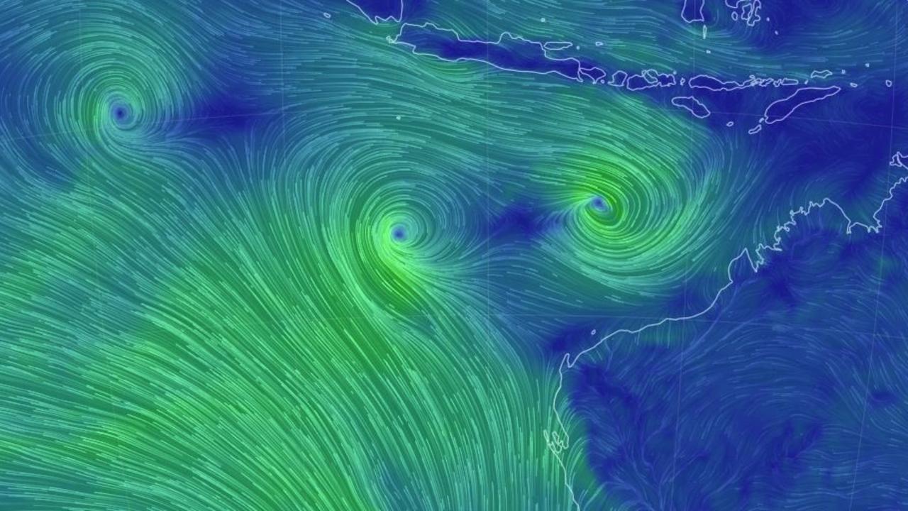 The position of the three systems on Wednesday evening, off the north west coast of WA. Seroja is closest to the coast. Picture: Earthschool