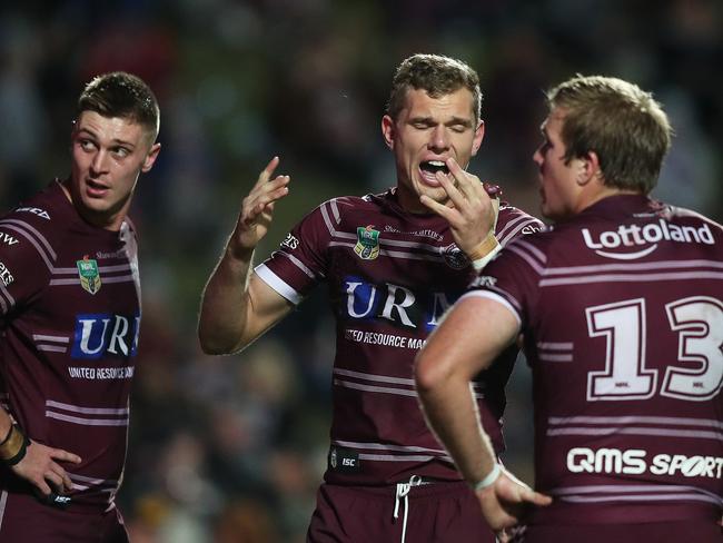 Manly's Tom Trbojevic shows his frustration after a Roosters try during the Manly v Roosters NRL match at Lottoland, Narrabeen. Picture: Brett Costello