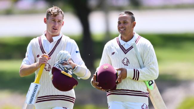 Usman Khawaja (R) could have an upper hand at the selection table, thanks to the prospect of a seaming, green deck. Picture: Getty