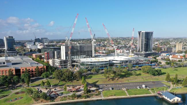 Construction of the Crowne Plaza hotel at the Nyaal Banyul Geelong Convention and Event Centre has reached its highest point. Picture: Alan Barber.