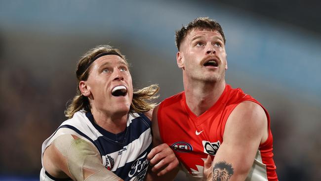 Mark Blicavs up against Peter Ladhams on Saturday night. Picture: Michael Klein