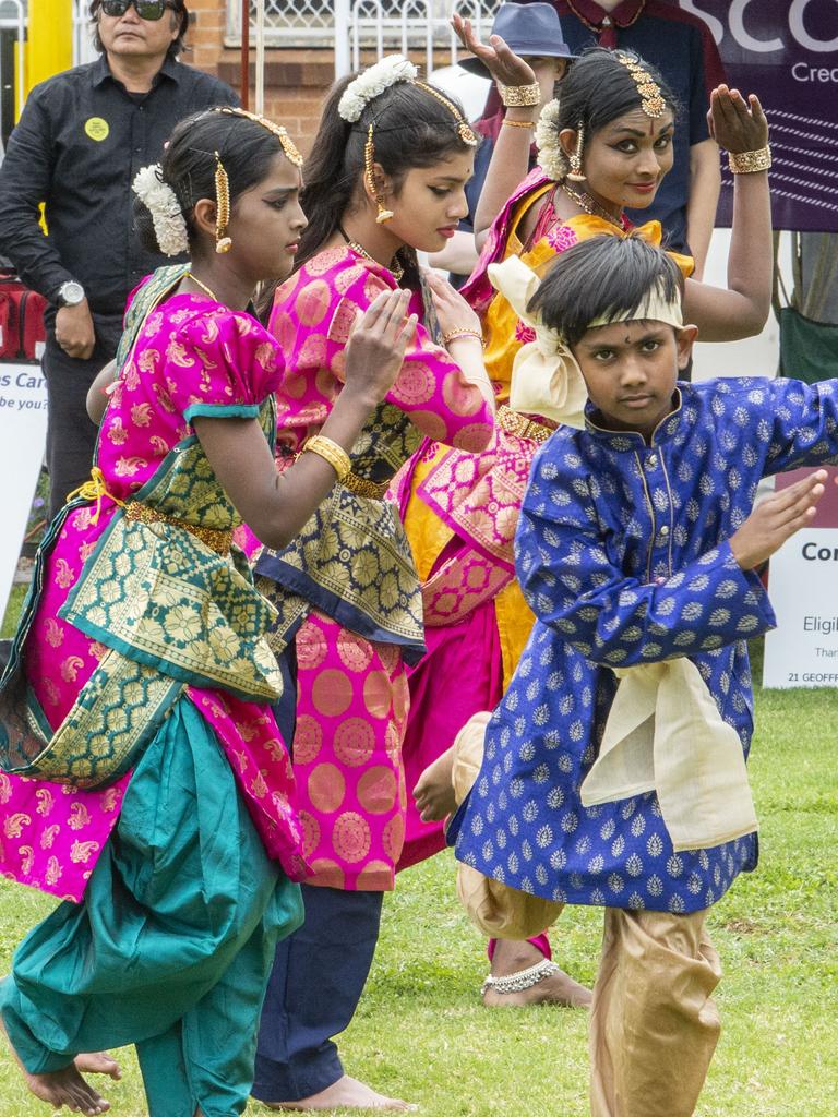 Thaarani Sivanathan, Amutha Kandasamy Aishwitha Kandasamy and Aatheeshan Kandasamy from Hrdayam School of Dance at Peace Day Toowoomba in Laurel Bank park. Saturday, October 1, 2022. Picture: Nev Madsen.