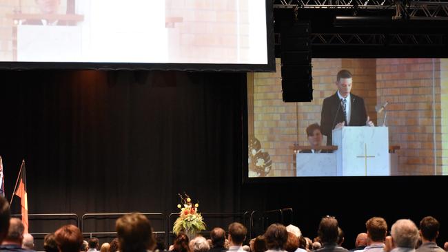 Tim Mulherin's sons spoke at their father's funeral service, which was live streamed to more than 300 people gathered at the MECC on Tuesday September 15 in Mackay. Picture: Zizi Averill