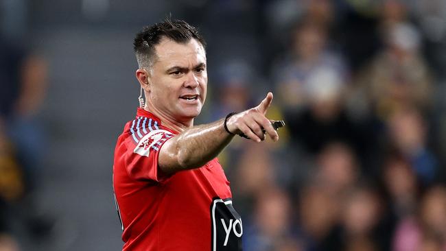 SYDNEY, AUSTRALIA - JULY 16: Referee, Chris Butler gestures during the round 20 NRL match between Parramatta Eels and Gold Coast Titans at CommBank Stadium on July 16, 2023 in Sydney, Australia. (Photo by Brendon Thorne/Getty Images)