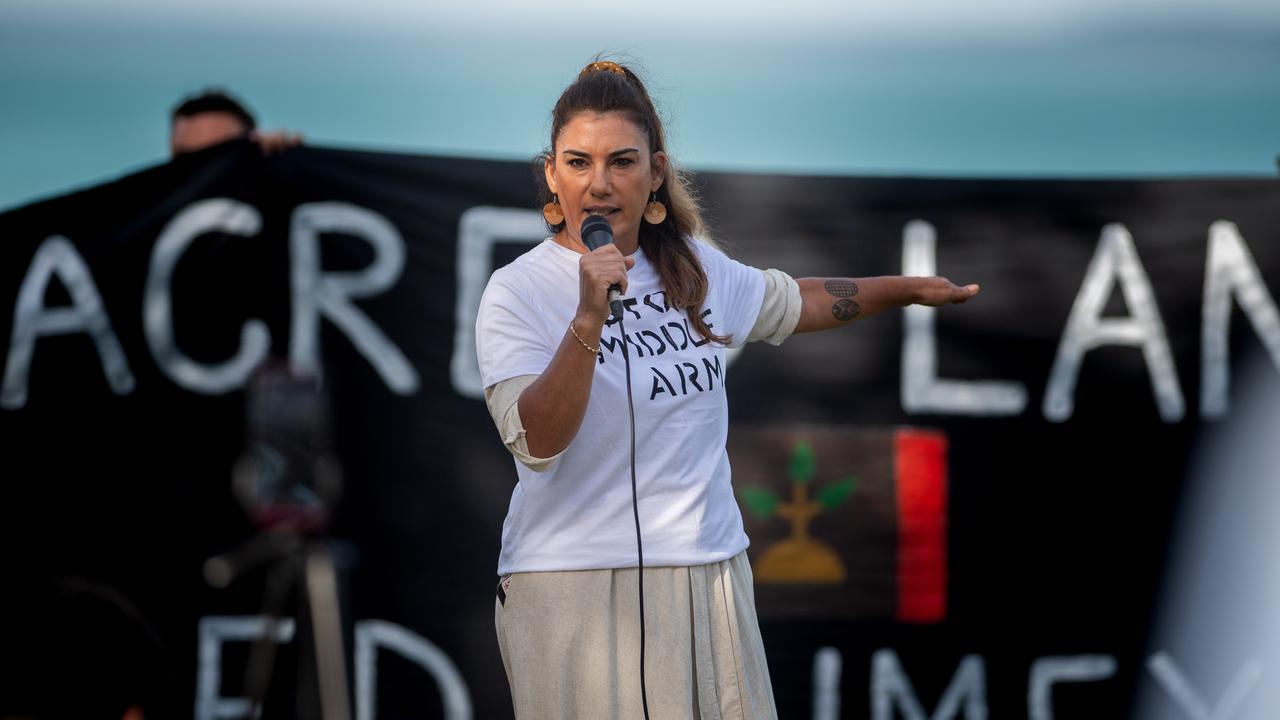 Senator Lidia Thorpe as more than a hundred gathered to protest Middle Arm ahead of the second day of public hearings about the proposed development in Darwin. Picture: Pema Tamang Pakhrin