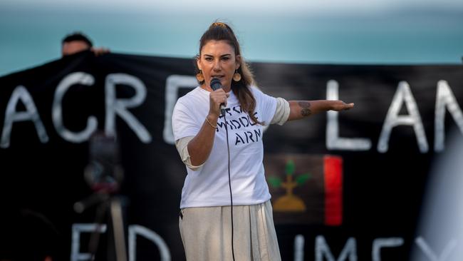 Senator Lidia Thorpe as more than a hundred gathered to protest Middle Arm ahead of the second day of public hearings about the proposed development in Darwin. Picture: Pema Tamang Pakhrin