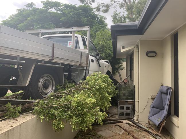 The P-plater’s car ploughed through a fence and tree, narrowing missing a house. Picture: Peter Wallis