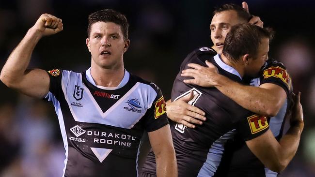 Chad Townsend and the Sharks celebrate victory over the Storm. Picture: Getty Images