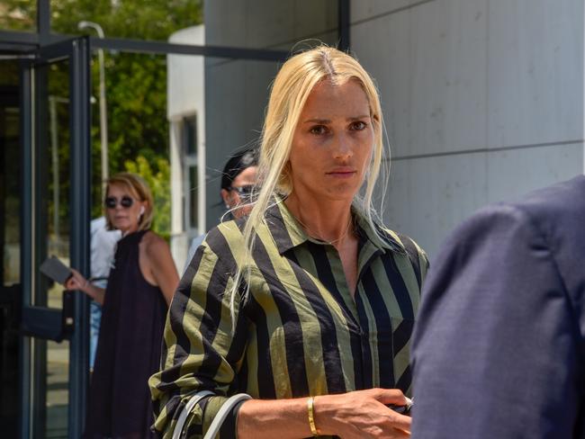 Viktoria Karida, widow of slain Sydney gangster John Macris, outside court in Greece. Picture: Spyros Bakalis