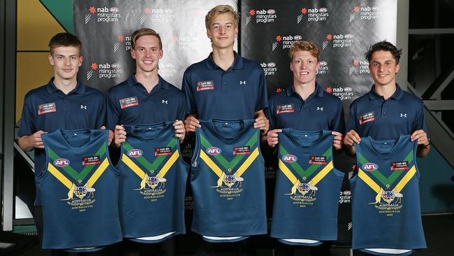 Dylan Williams, Noah Anderson, Nick Bryan, Matt Rowell and Trent Bianco of the Oakleigh Chargers pose at the 2019 AFL NAB Academy Guernsey Presentation in April 18. Picture: Michael Dodge/Getty Images.