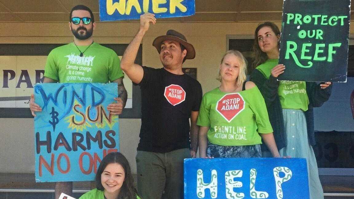 Protesters from Frontline Action on Coal disrupted Adani Australia's chief executive Lucas Dow's speech at the Industry and Innovation Forum in Emerald, Queensland on Wednesday morning. Picture: Contributed