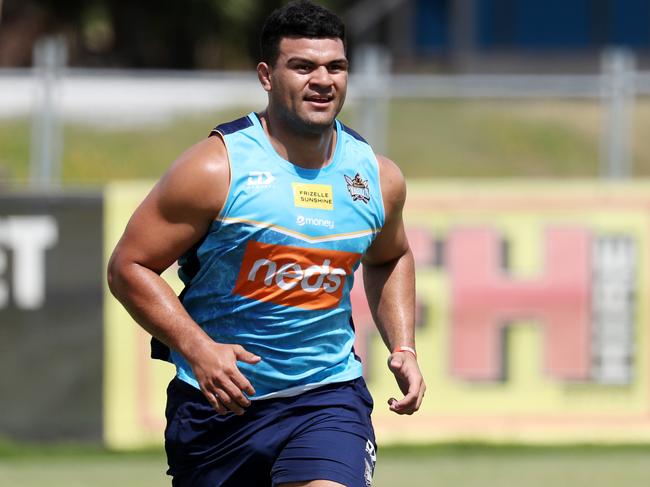 Gold Coast Titans training.New Titans recruit David Fifita at training on Thursday.Picture: NIGEL HALLETT