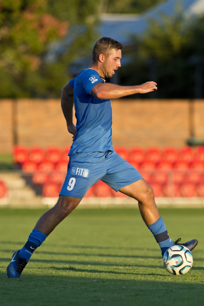 Anthony Grant for South West Queensland Thunder against Redlands United in NPL Queensland men round eight football at Clive Berghofer Stadium, Saturday, March 23, 2019. Picture: Kevin Farmer