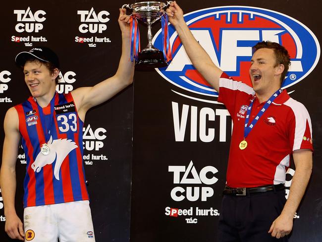 Captain Ryan Exon and coach Justin Wenke after the gripping 2012 TAC Cup grand final at Etihad Stadium.