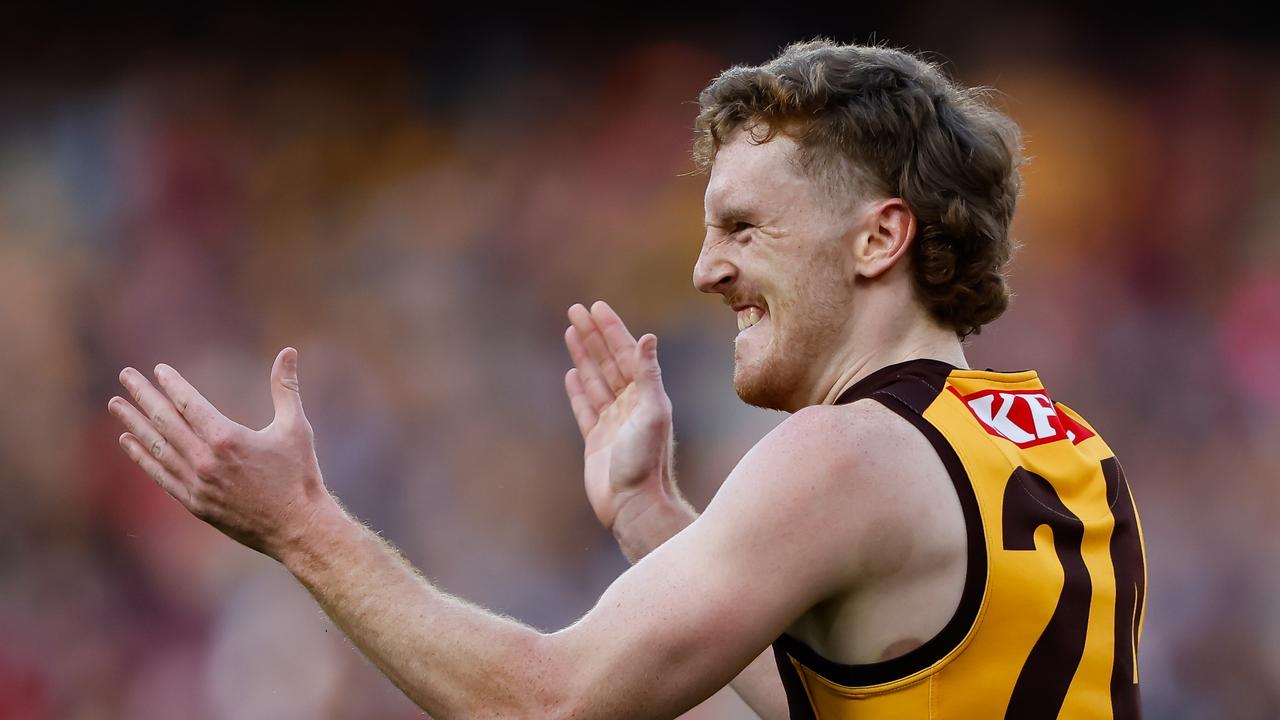 MELBOURNE, AUSTRALIA - AUGUST 20: Denver Grainger-Barras of the Hawks celebrates a goal during the 2023 AFL Round 23 match between the Melbourne Demons and the Hawthorn Hawks at Melbourne Cricket Ground on August 20, 2023 in Melbourne, Australia. (Photo by Dylan Burns/AFL Photos via Getty Images)