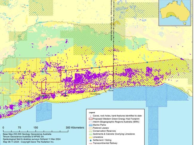 The proposed Western Green Energy Hub development footprint (outlined in red) in Western Australia. The purple areas show the documented karst features. Source: Save the Nullarbor.