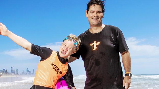 Nick Marshall with nipper Marcus Hay, 13 from Broadbeach Waters who has been in the Albatross Nippers program since its inception. Picture: NIGEL HALLETT