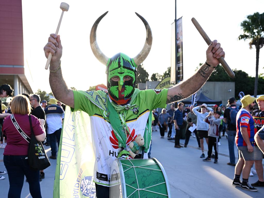 A Raiders fan outside the stadium. Picture: NRL Photos