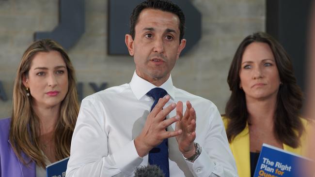 Shadow Youth Justice Minister Laura Gerber, LNP leader David Crisafulli and LNP Gaven candidate Bianca Stone, at the Men of Business Academy premises in Southport.