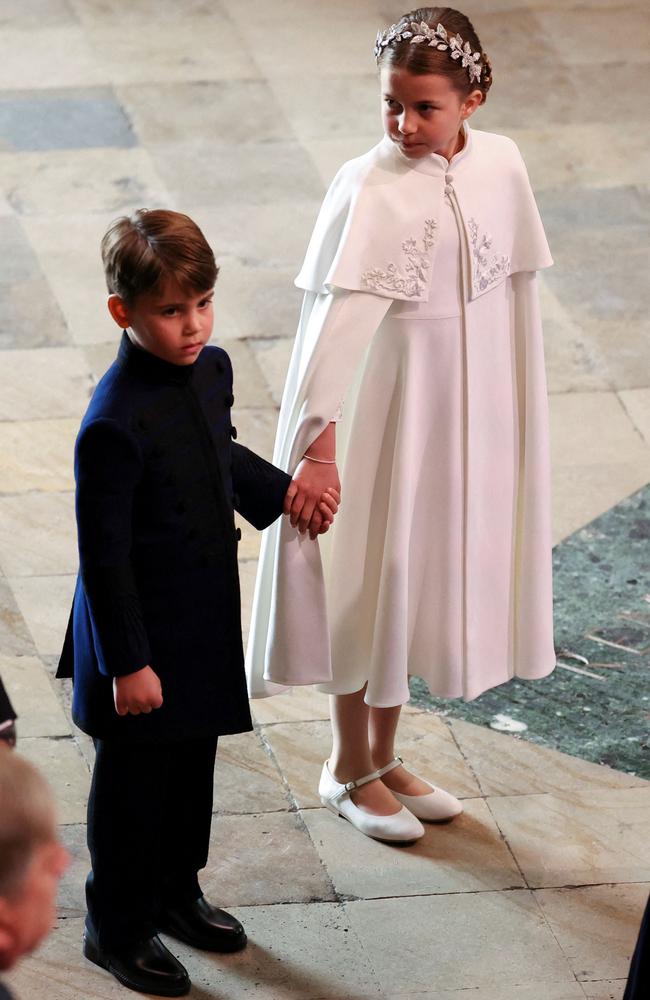 Princess Charlotte of Wales and Prince Louis of Wales arrive at Westminster Abbey. Picture: PHIL NOBLE / POOL / AFP