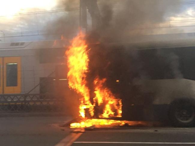 The bus erupted in flames on the northbound lanes of the Sydney Harbour Bridge. Source: Grace Jones @graciej1456