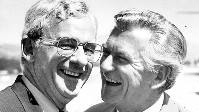 Bill Hayden, left, shares a joke with prime minister Bob Hawke in 1989.