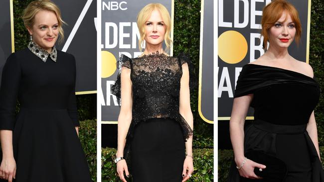 Elisabeth Moss, Nicole Kidman and Christina Henricks dressed in black in solidarity with #MeToo for the 2018 Golden Globes. Picture: AFP