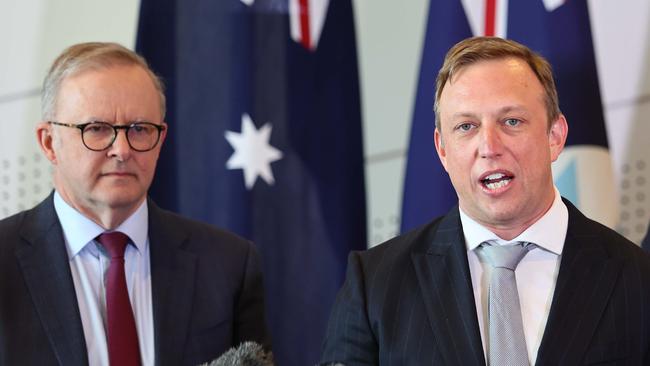 Anthony Albanese and Queensland Premier Steven Miles announce the joint $1bn quantum computer investment in Brisbane on Tuesday. Picture: NCA NewsWire/Tertius Pickard