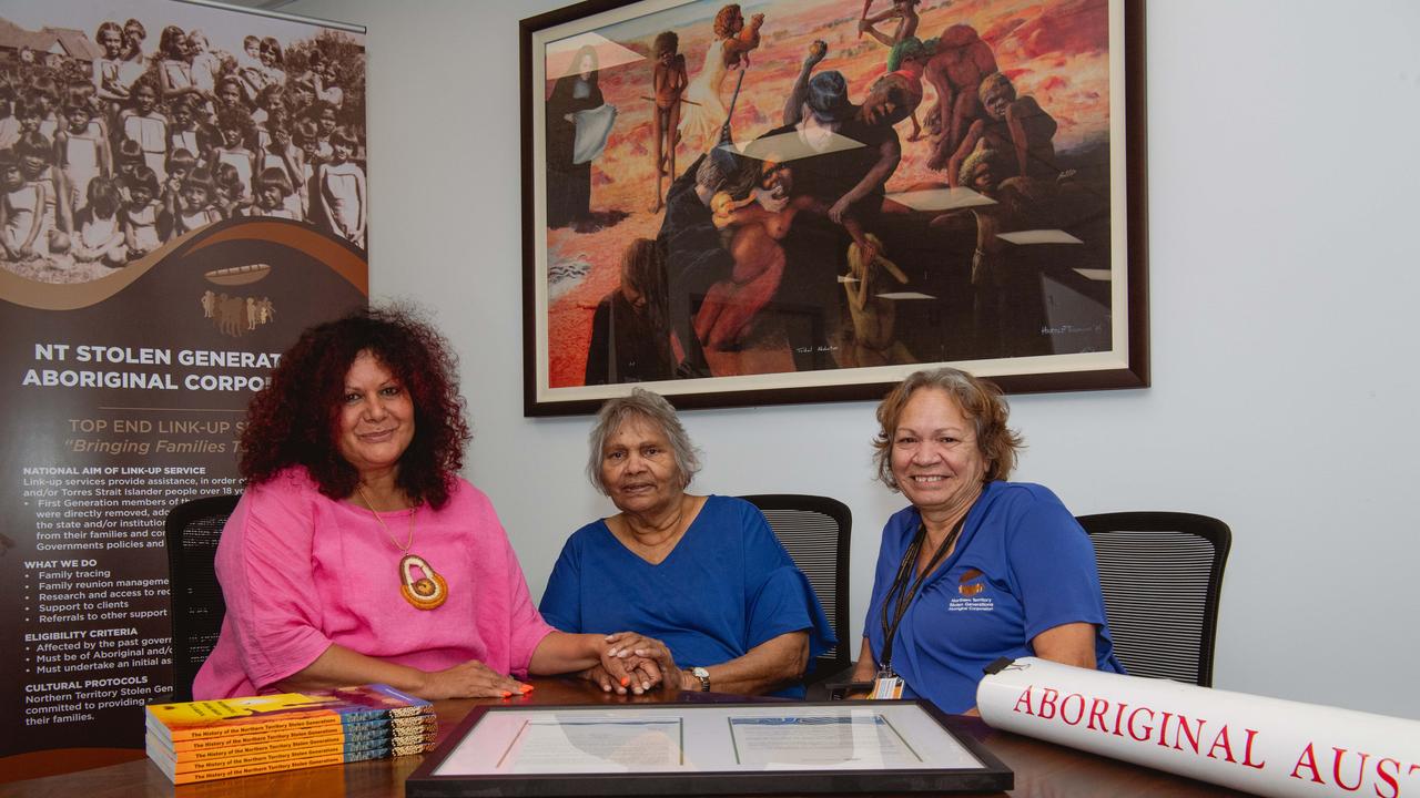 Northern Territory Senator Malarndirri McCarthy with Eileen Cummings and her daughter Raelene Rosas, interim chief executive NT Stolen Generations Aboriginal Corporation. Picture: Pema Tamang Pakhrin