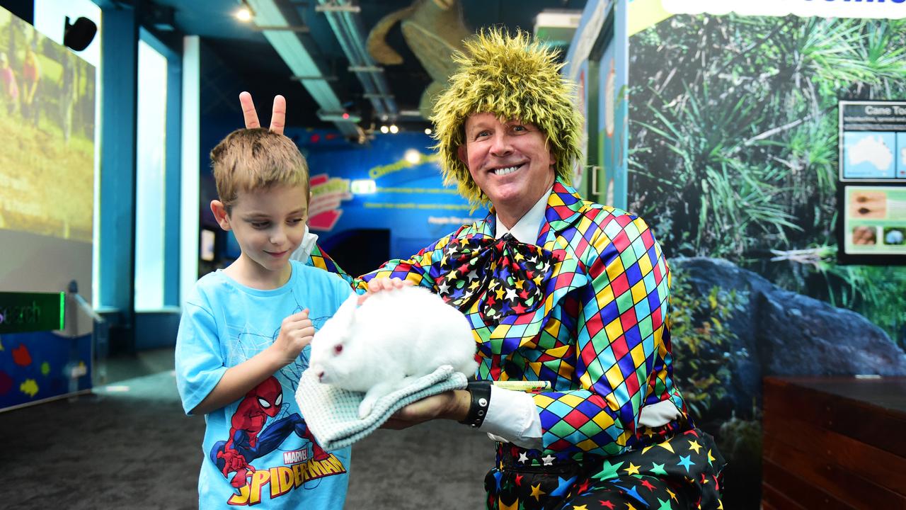 Reef HQ Aquarium's farewell party before they close for renovations. Willem Brink 7 with Stewit the Rabbit and Windy Wizard Picture: Alix Sweeney