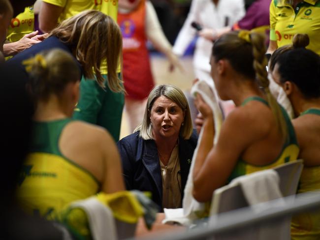 CAPE TOWN, SOUTH AFRICA - AUGUST 06: Stacey Marinkovich (Head Coach) of Australia chats with players during the Netball World Cup 2023, final match between England and Australia at Cape Town International Convention Centre, Court 1 on August 06, 2023 in Cape Town, South Africa. (Photo by Ashley Vlotman/Gallo Images/Netball World Cup 2023 via Getty Images)