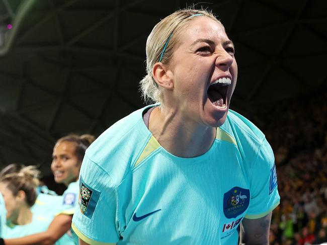 MELBOURNE, JULY 31, 2023: 2023 Fifa Womens World Cup - Australia V Canada. Alanna Kennedy of the Matildas celebrates a goal during the match at Melbourne Rectangular Stadium. Picture: Mark Stewart