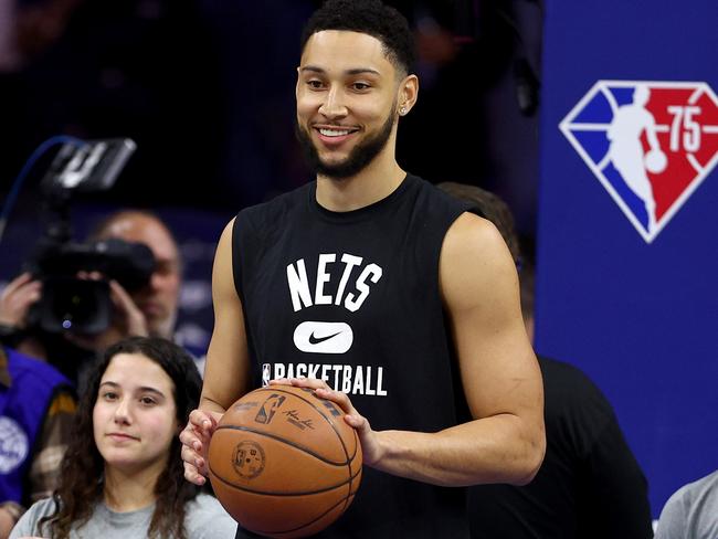 PHILADELPHIA, PENNSYLVANIA - MARCH 10:  Ben Simmons #10 of the Brooklyn Nets warms up before the game against the Philadelphia 76ers at Wells Fargo Center on March 10, 2022 in Philadelphia, Pennsylvania. NOTE TO USER: User expressly acknowledges and agrees that, by downloading and or using this photograph, User is consenting to the terms and conditions of the Getty Images License Agreement. (Photo by Elsa/Getty Images)