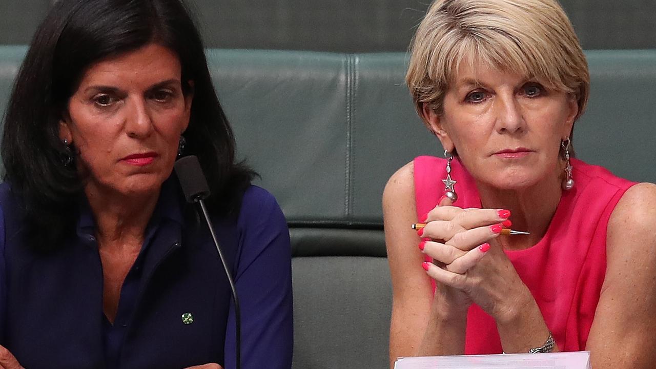 Julie Bishop and Julia Banks sat together in parliament until Ms Banks defected to the crossbench. Picture: Kym Smith 