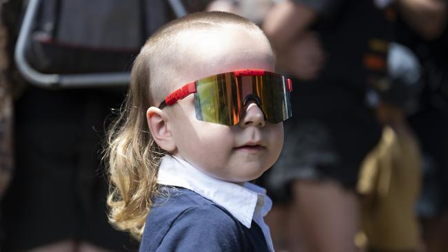 Ryker Wardle, two, from Dapto NSW competed in the junior mullet competition at Summernats. Picture: NCA NewsWire / Martin Ollman