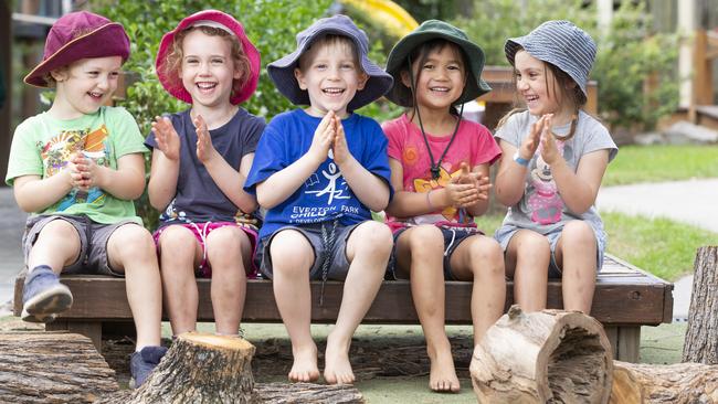 Everton Park Child Care and Development centre is one of the few centre's in Queensland to be rated 'excellent'. Noah Kerr, Sophie Sligo, Dexter Eager, Athena Retimana and Everly Jones. Picture: Renae Droop