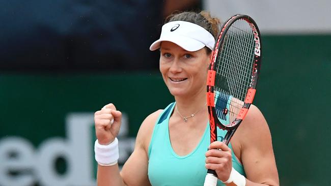 Australia's Samantha Stosur reacts after winning her women's quarter-final.