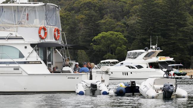 A boat gathering of at least eight people on Pittwater on Sydney’s northern beachesearlier this week. Picture: Nikki Short