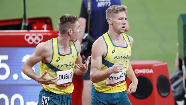 The famous moment when Cedric Dubler gives Ashley Moloney the word to take off and chase Olympic bronze.. Picture: Alex Coppel.