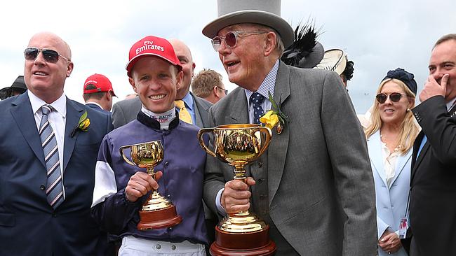 Owner Lloyd Williams and jockey Kerrin McEvoy after Almandin won the Melbourne Cup on Tuesday