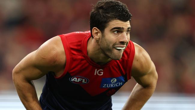 MELBOURNE, AUSTRALIA - APRIL 11: Christian Petracca of the Demons looks on during the round five AFL match between Melbourne Demons and Brisbane Lions at Melbourne Cricket Ground, on April 11, 2024, in Melbourne, Australia. (Photo by Robert Cianflone/Getty Images)
