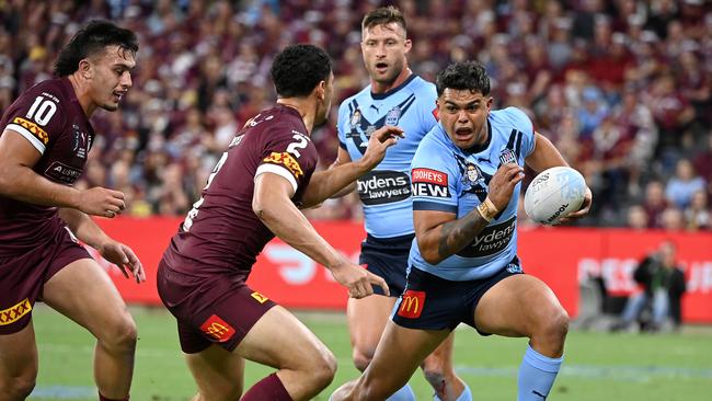 Latrell Mitchell was at his barnstorming best against the Maroons. Picture: Grant Trouville/NRL Photos