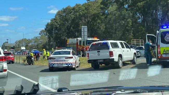 Two people are being treated by paramedics after a crash north of Brisbane, causing traffic delays on a major highway. Picture: Facebook