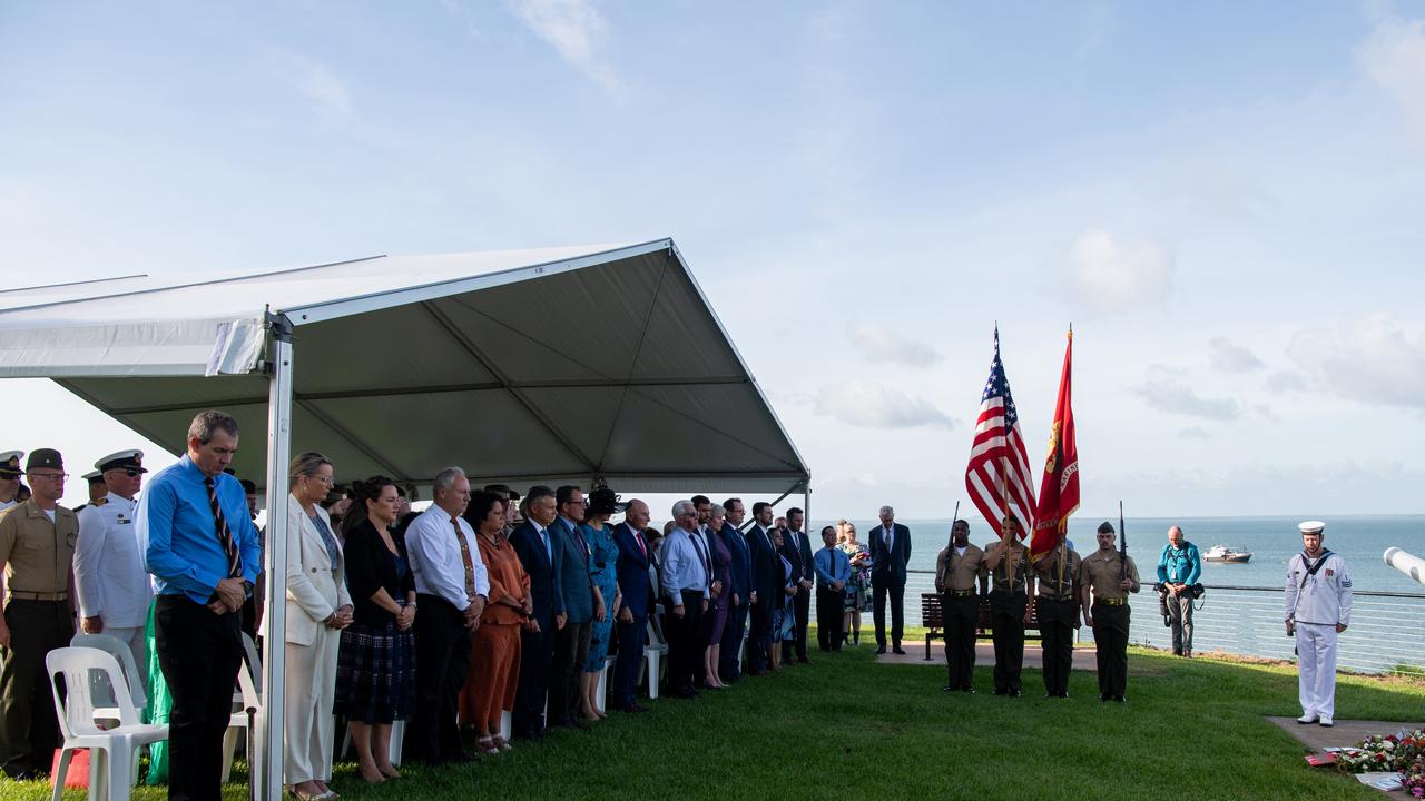 Australians, Americans and Japanese gather before the USS Peary Memorial, Darwin Esplanade, to commemorate the Bombing of Darwin. Picture: Pema Tamang Pakhrin