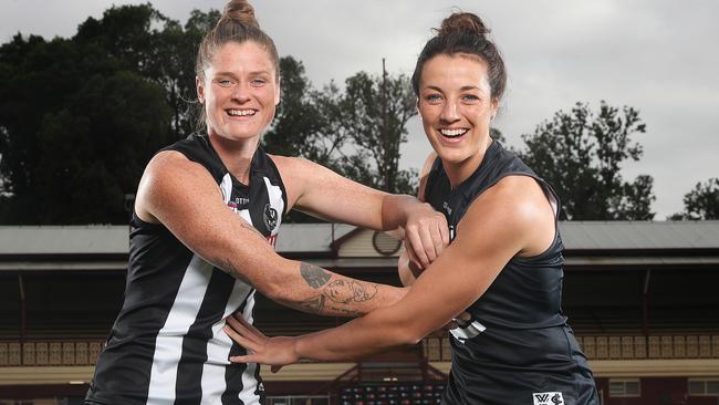 Collingwood’s Brianna Davey and Carlton co-captain Kerryn Harrington won’t be smiling on Thursday night. Picture: Michael Klein