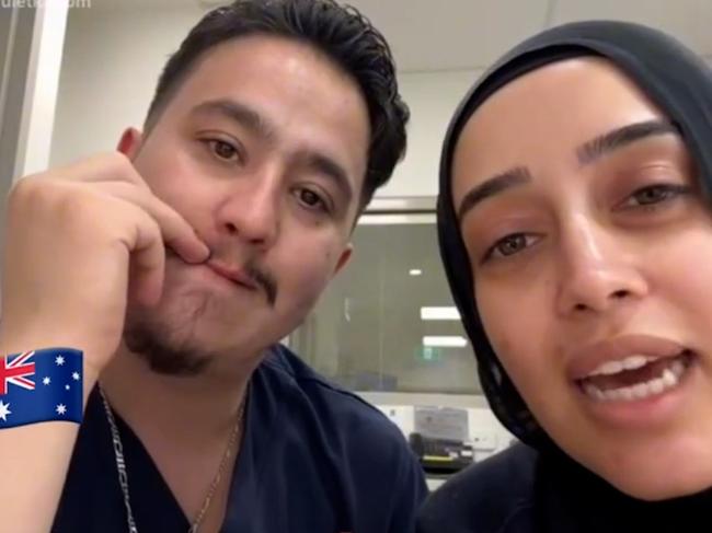 NSW government officials are investigating after nurses at Bankstown Hospital, Rashad Nadir and Sarah Abu Lebdeh, wearing their NSW Health uniforms were filmed declaring they refuse to treat Israeli people and would "kill them" if they present to their ward. Picture: NewsWire Handout