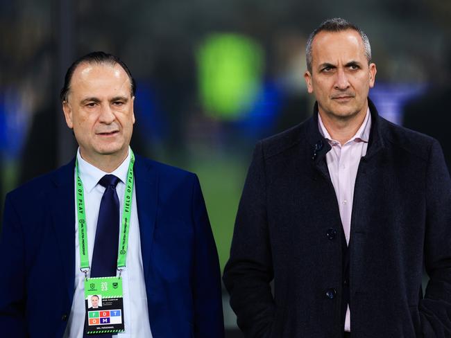 (L-R) Chairman of the Australian Rugby League Commission Peter V'landys and Chief Executive Officer of the National Rugby League Andrew Abdo. Picture: Getty Images